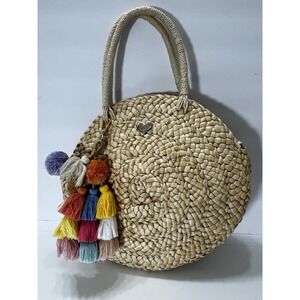 The Lovely Tote Co. Round Woven Straw Handbag Tassels 13" Double Handle Tan
